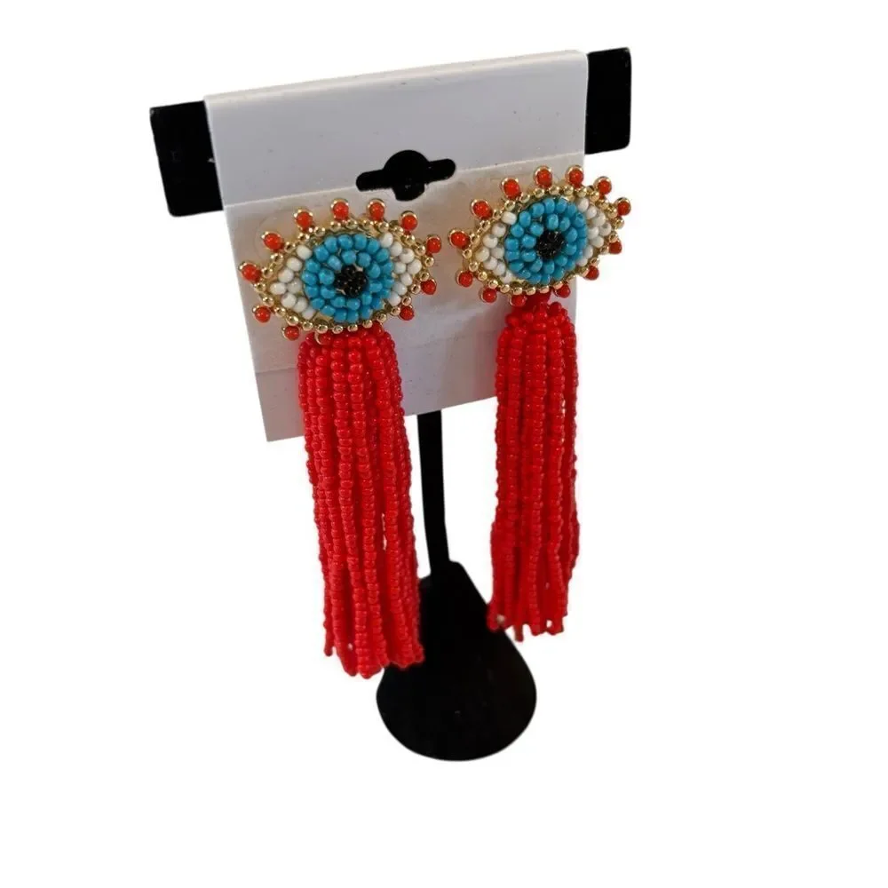 Baublebar Beaded Evil Eye Red Tassel Earrings. Super Fun!